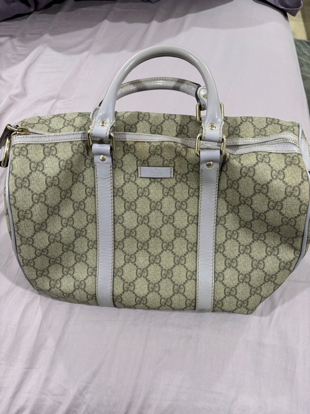 Gucci Beige GG Supreme Satchel with White Trim and Gold Hardware